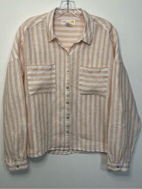 C&C California Striped 100% Linen Long Sleeve Button Front Shirt Large Collard